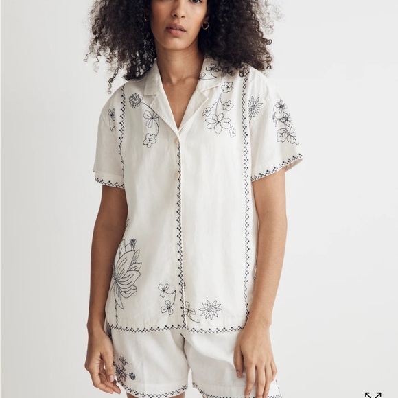 Floral Embroidered White Linen button-up shirt - Picture 1 of 4